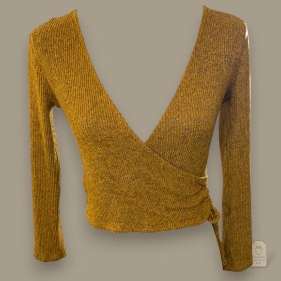 Timing Tops - Mustard Ribbed Wrap Sweater Juniors' M | Deep V-Neck Side Tie